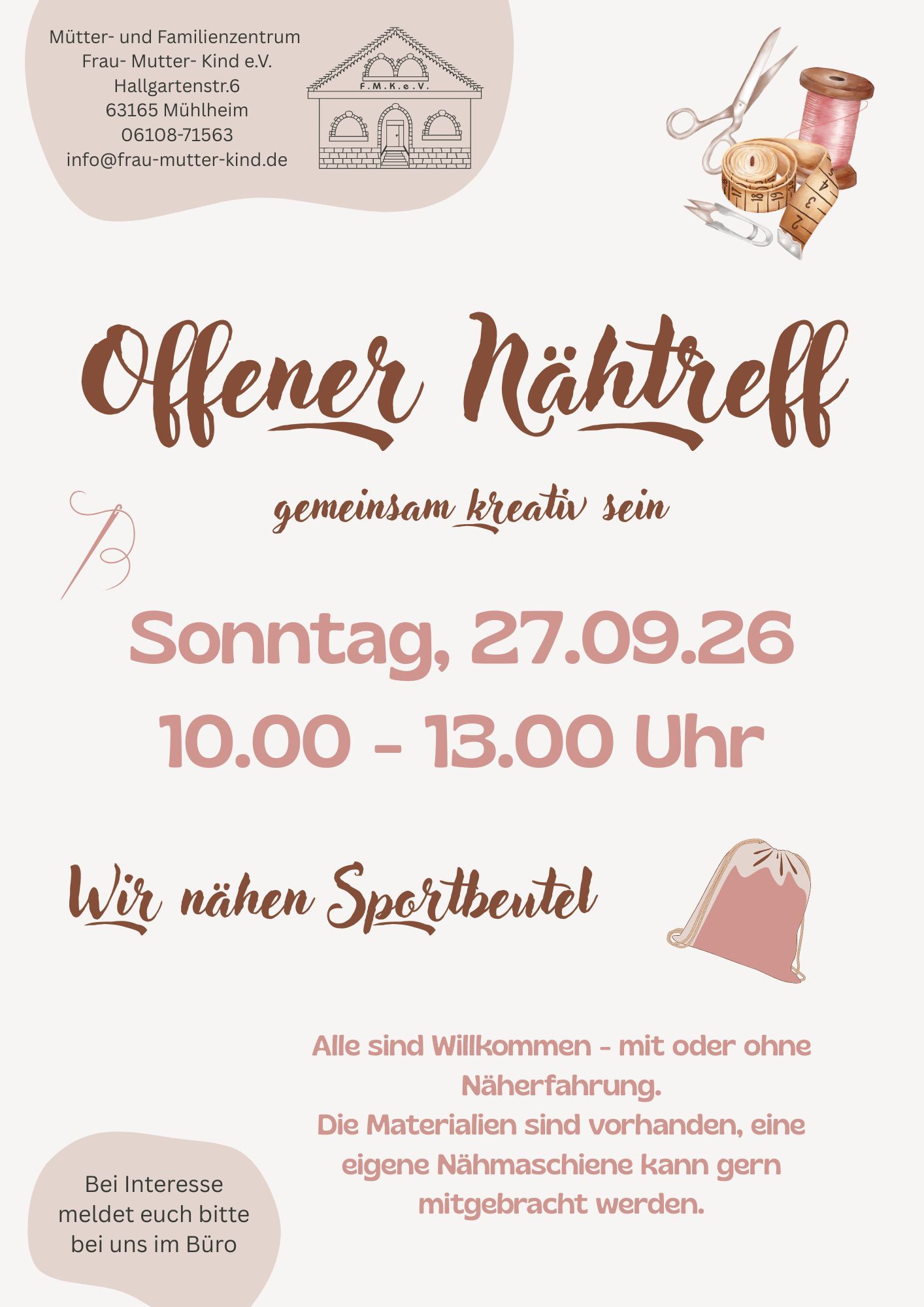 Alle sind Willkommen - mit oder ohne Näherfahrung. Die Materialien sind vorhanden, eine eigene Nähmaschiene kann gern mitgebracht werden. um Voranmeldung per Mail wird gebeten - 1 Alle sind Willkommen - mit oder ohne Näherfahrung. Die Materialien sind vorhanden, eine eigene Nähmaschiene kann gern mitgebracht werden. um Voranmeldung per Mail wird gebeten - 1