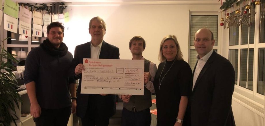 Spendenscheck Teilzeitdenker an Freundeskreis der Mühlheimer Flüchtlinge