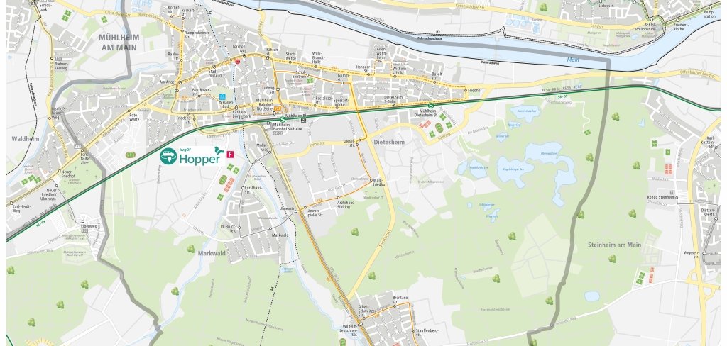 Kartenausschnitt, Geändertes ÖPNV-Konzept in Mühlheim - Entfall der Stadtbuslinie OF-31 und neue Linie V32