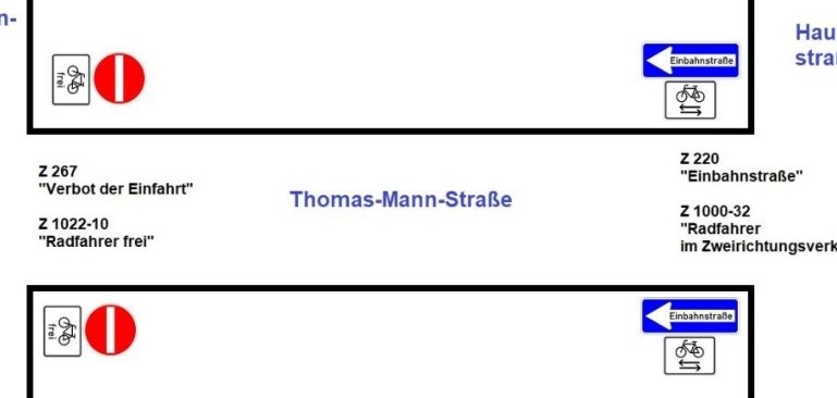 Die Thomas-Mann-Straße wird eine Einbahnstraße. Autos dürfen nur in eine Richtung fahren. Fahrräder dürfen in beide Richtungen fahren. Die neue Regel gilt ab 26. August 2024. Es ist eine Probezeit. Danach wird entschieden, ob die Regel bleibt.