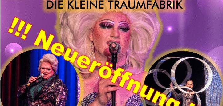 Das Plakat zeigt die Eröffnung von Saviras Show Palast in Mühlheim. Das Theater für Travestie-Shows öffnet am 3. Oktober 2024. Es gibt bunte Bilder mit Künstlern und viel Glitzer. Ein Rabatt auf Tickets gilt bis 31. August.