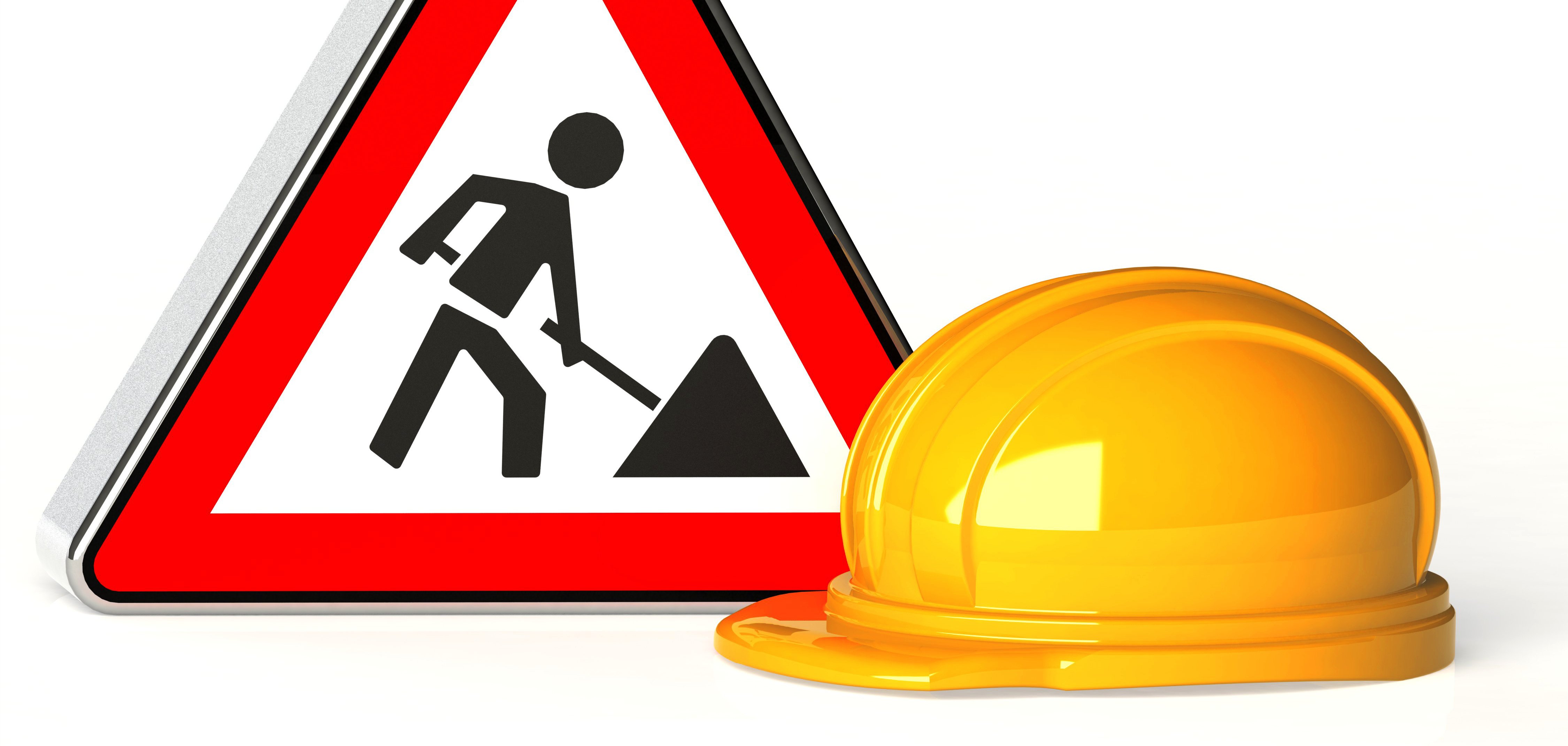 Bauarbeiten Das Bild zeigt ein dreieckiges Baustellenschild und einen gelben Schutzhelm. Das Schild hat einen roten Rand und ein schwarzes Symbol. Es zeigt eine Person, die mit einer Schaufel arbeitet. Der gelbe Bauhelm liegt schräg vor dem Schild. Der Hintergrund ist weiß und schlicht.